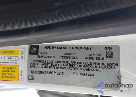 2021 Chevrolet Spark Fwd 1Lt Automatic z USA, uszkodzony, nr VIN KL8CD6SA3MC715216